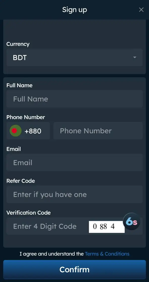 Enter your personal details during the Six6s sign up online process to finalize your Six6s bet sign up and register for a seamless betting experience in Bangladesh.