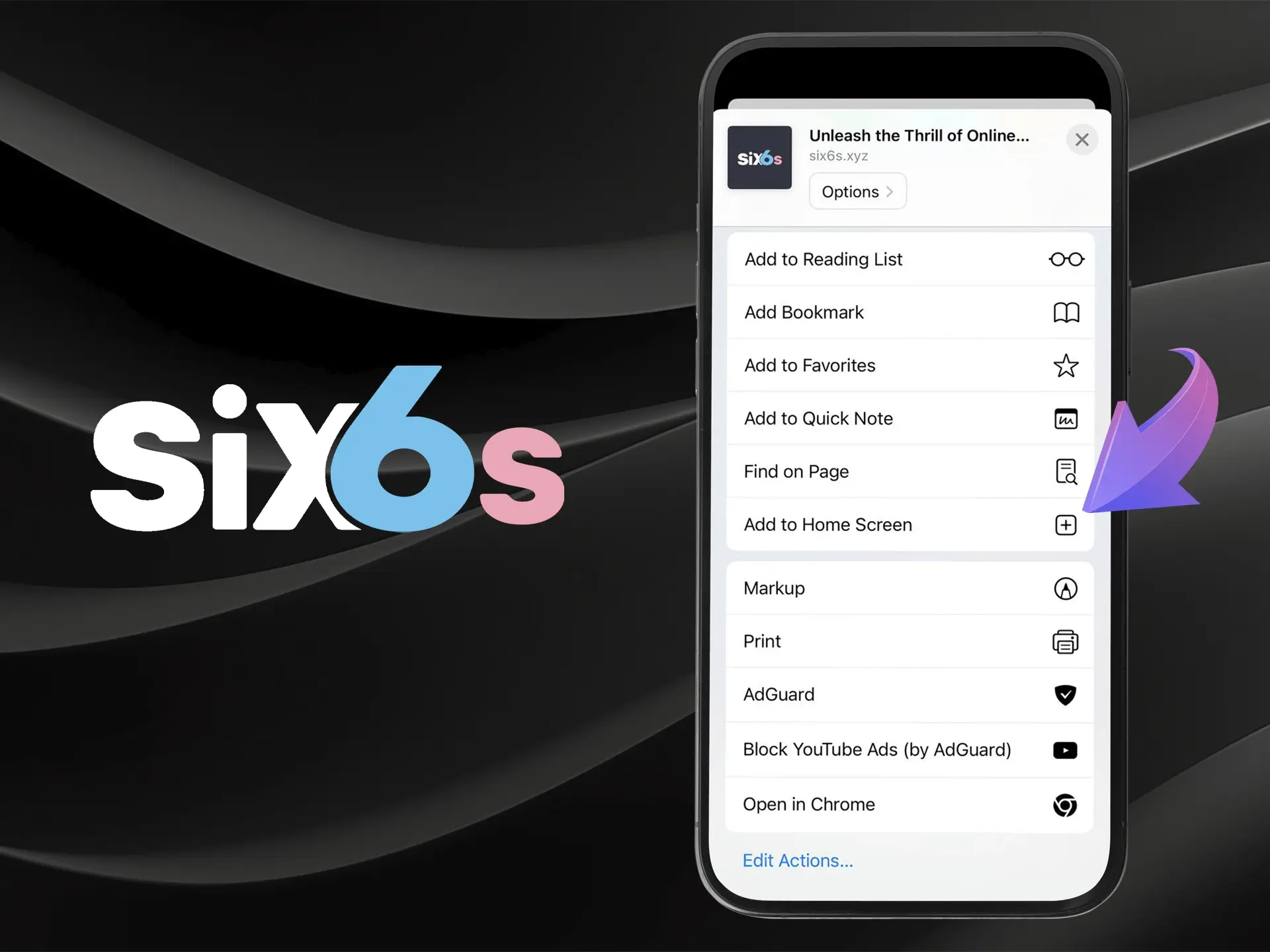 Select the share menu to get quick access to the Six6s app on iOS.