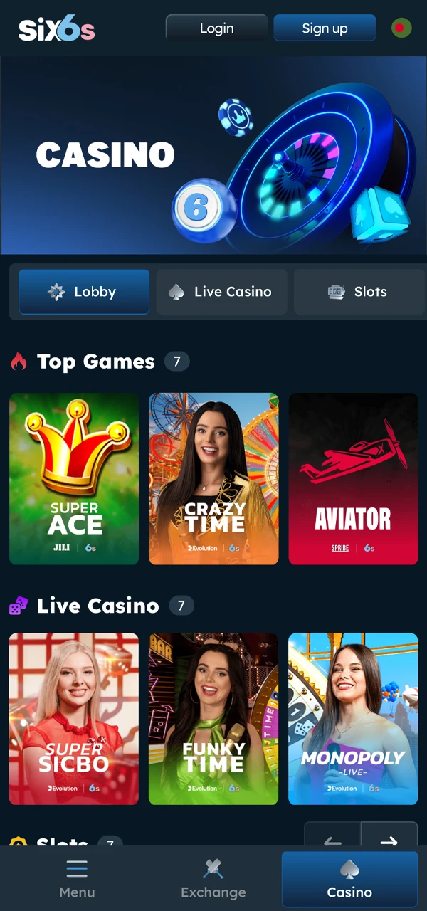 Show you the casino section of the Six6s app, available for download in the latest version – get the Six6s app APK download now for the best gaming experience.