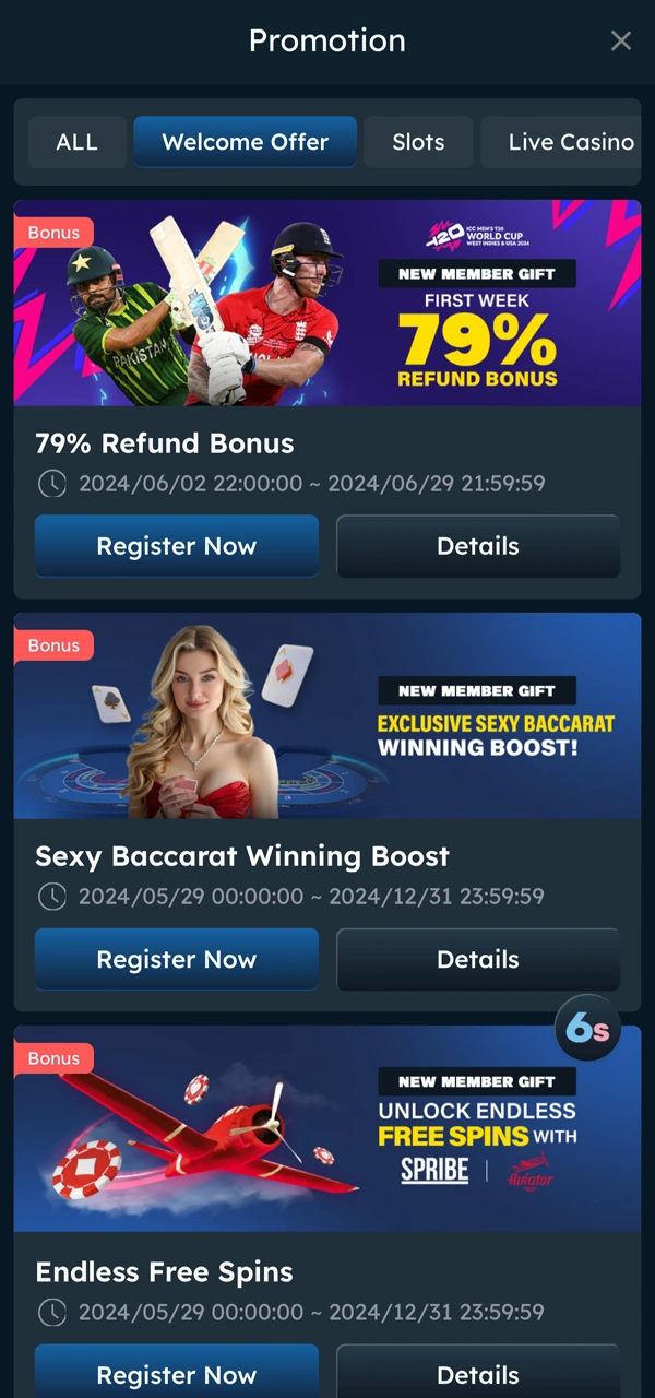 Show you the bonuses section of the Six6s app, available for download in the latest version — get the Six6s app APK download now to enjoy exciting bonuses and promotions.