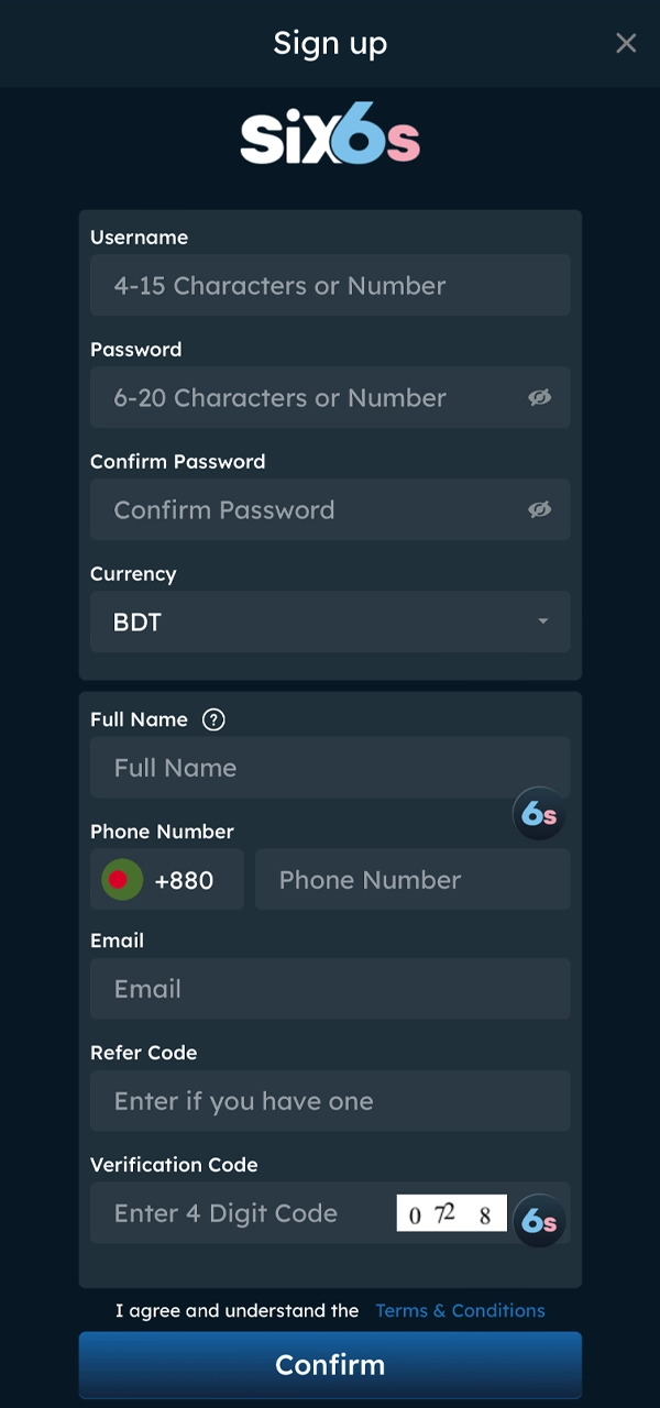 Alt Text: Demonstrating to you the registration form of the Six6s app, available for download in the latest version, including APK for Android.